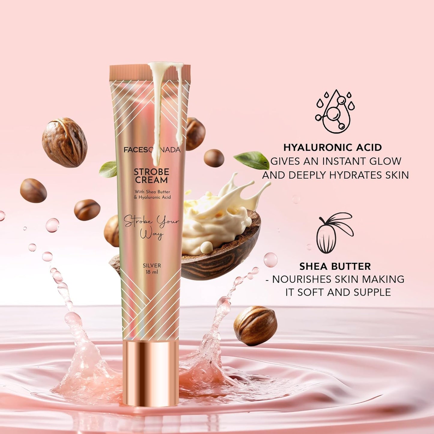 FACESCANADA Strobe Cream - Silver, 18ml | Primer + Highlighter + Moisturizer | Shea Butter & Hyaluronic Acid | Intense Hydration | Flawless Radiant Dewy Skin | Illuminating & Glowing Makeup Base