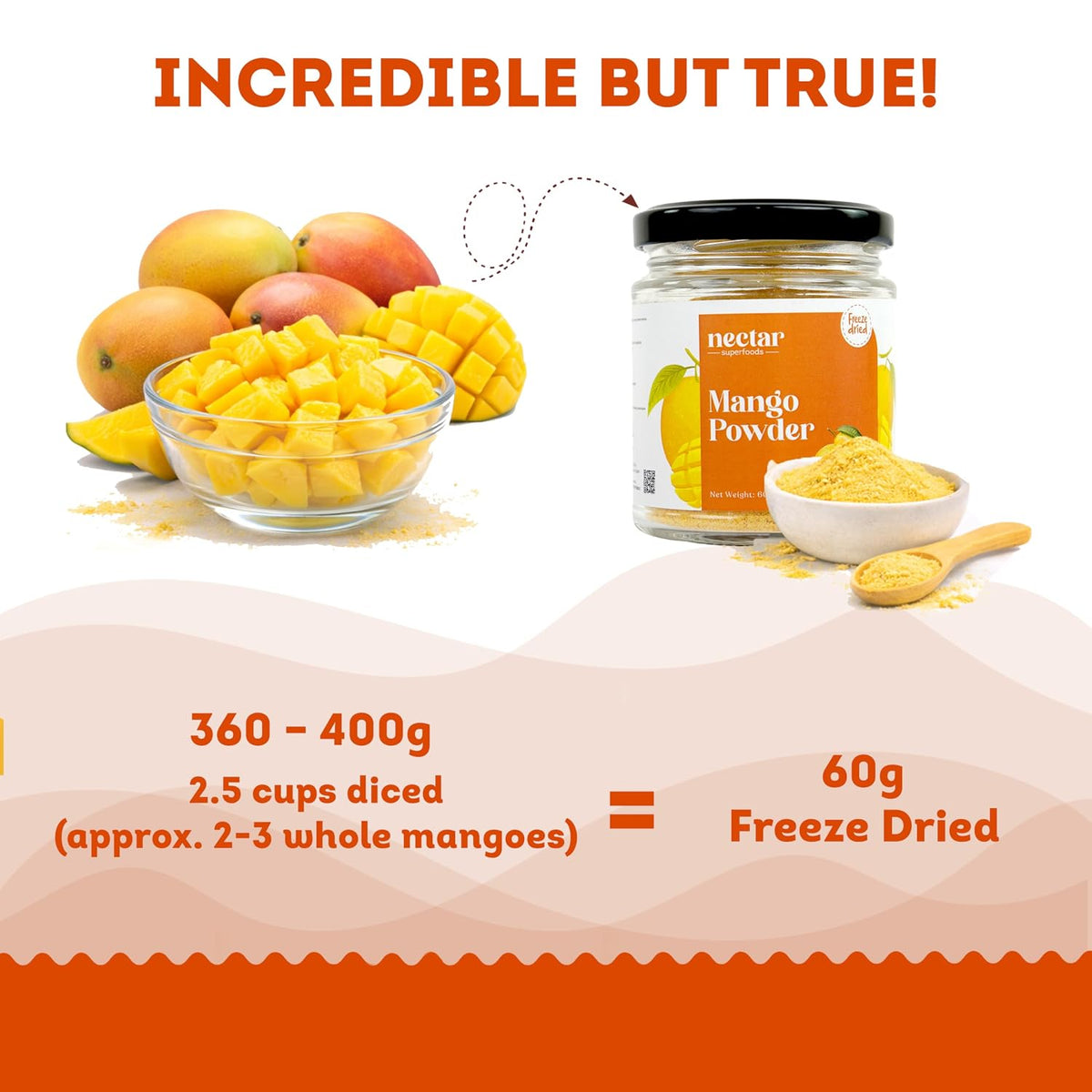 Nectar Superfoods Freeze Dried Mango Powder- 60 grams Jar-Pack of 1 Nos | 100% Natural | No Added Sugar, Preservative-Free & Vegan | Processed in India