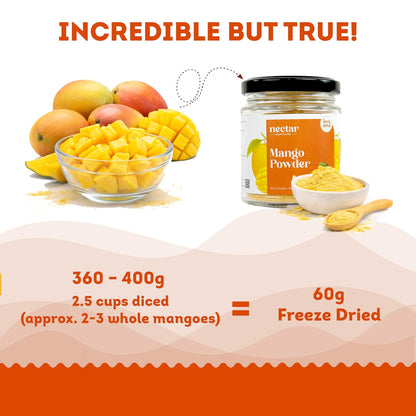 Nectar Superfoods Freeze Dried Mango Powder- 60 grams Jar-Pack of 1 Nos | 100% Natural | No Added Sugar, Preservative-Free & Vegan | Processed in India