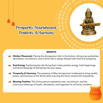 100% Pure Brass Annapurna Devi Idol Murti | Annapoorani Statue Pooja Room Home Temple Decor | Annapurna MATA Figurine Kitchen Blessing Hotel Counter Housewarming Gift Spiritual Decor