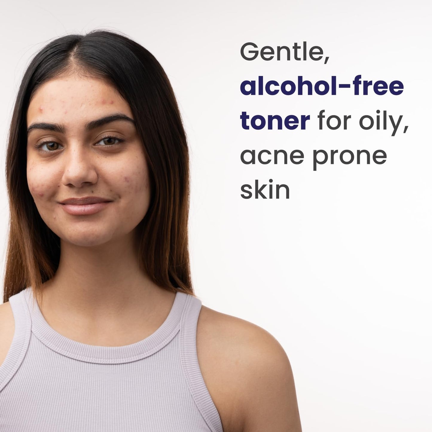 Woman with acne-prone skin and text about a gentle, alcohol-free toner.