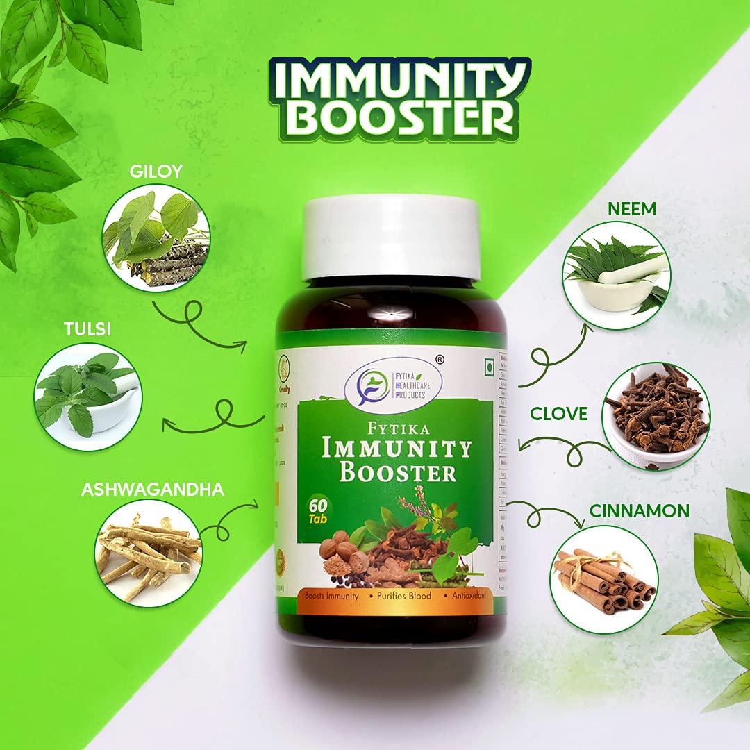 Fytika Immunity Booster supplement bottle with ingredients on a green and white background