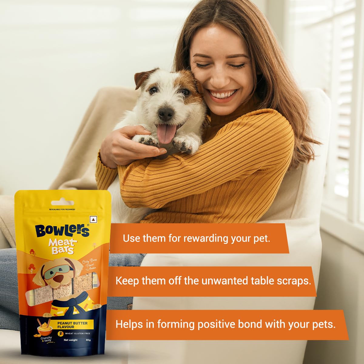 Bowlers Dog Treats Peanut Butter Meat Sticks| 70g | Good for Dental Hygiene | High on Protien| Low in Fat | Grain Free | Handmade Treats