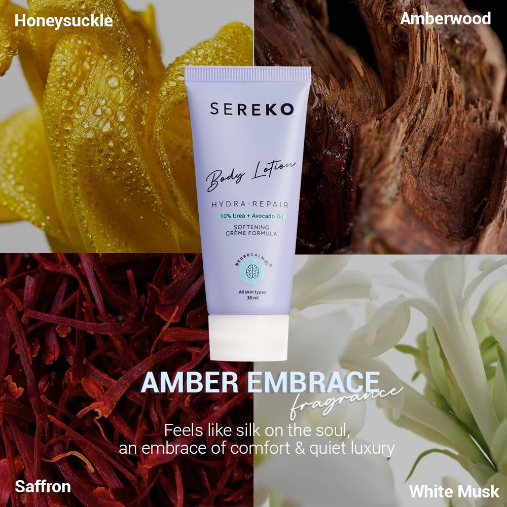Sereko body lotion with floral and wood background, featuring Honeysuckle, Amberwood, Saffron, and White Musk.