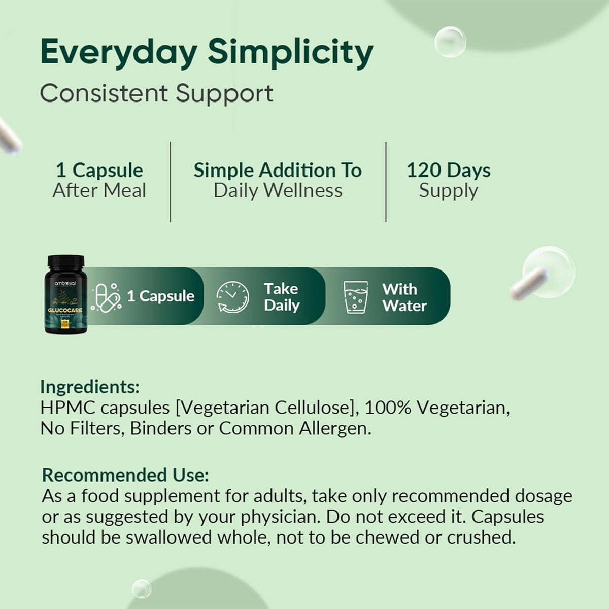 Product information card for a supplement capsule with details on usage, ingredients, and recommended use.