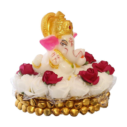 Lord Ganesha Idol on Decorative Handcrafted Plate with White Flowers