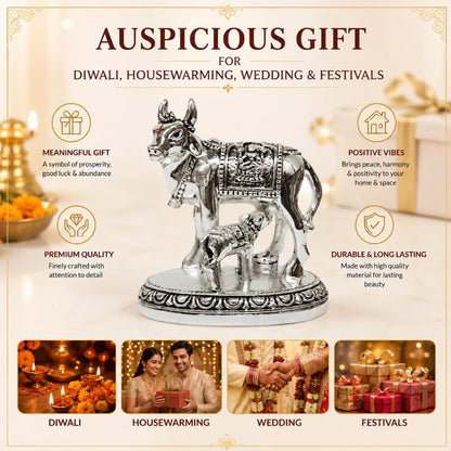 Gold Art India Kamdhenu Cow and Calf Idol | Silver Finish Decorative Murti | 7.62 cm x 7.62 cm | Sacred Gau MATA Statue for Home Temple & Gift