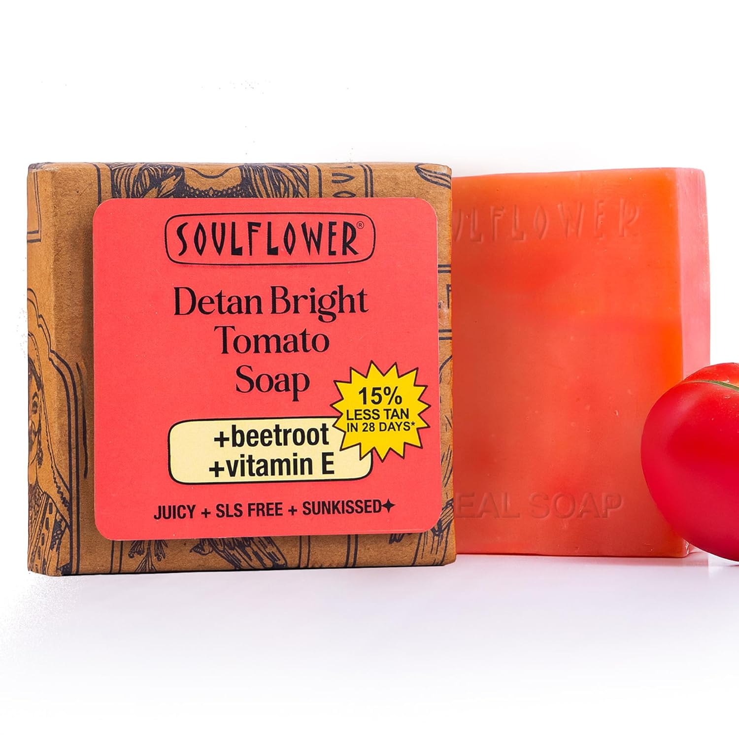 Soulflower Detan Bright Tomato Soap with packaging on a white background