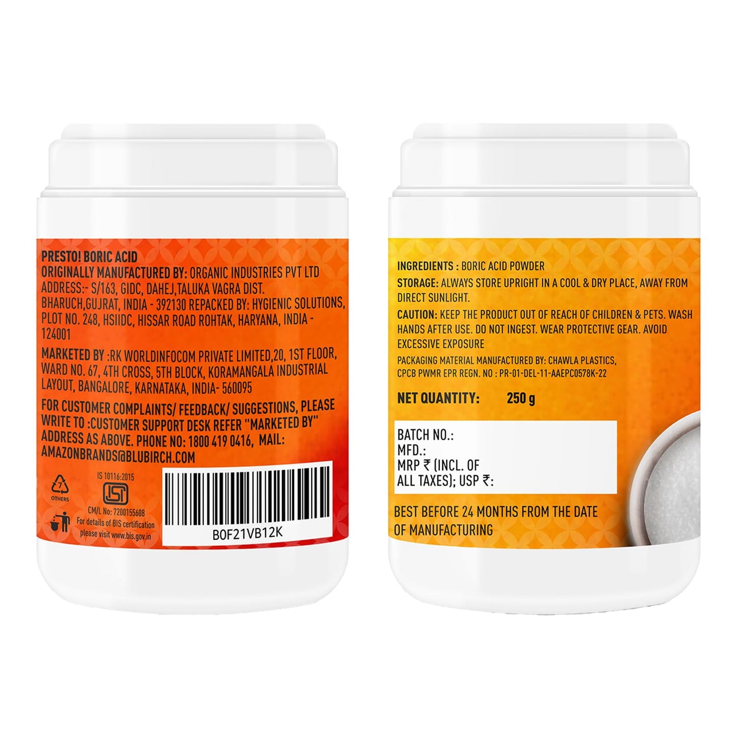 Presto! Boric Acid Powder | 250 Gram | Technical Grade 99% Pure | Multipurpose Use for Pest Control, Cleaning, & Carrom Board