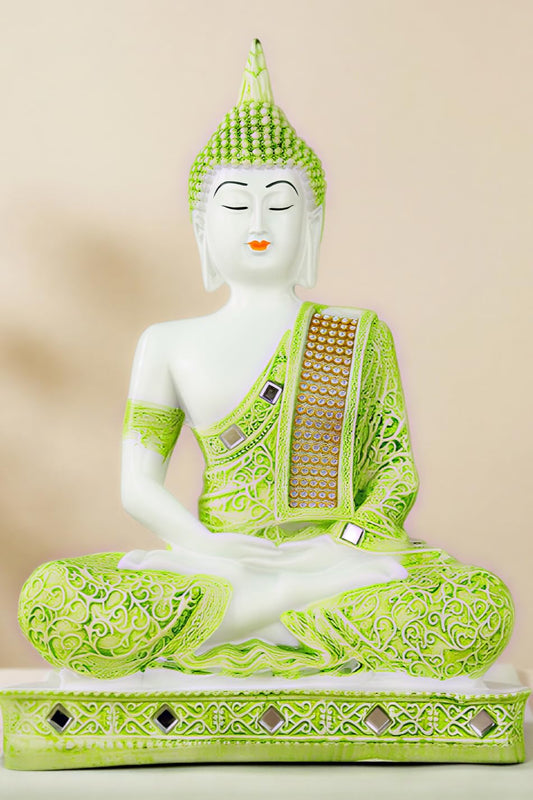 New Limited Edition 25 Centimetre Meditating Sitting Buddha Idol Statue showpiece Home Decor Decoration Items for Living Room and Gifts (Green White Matte)