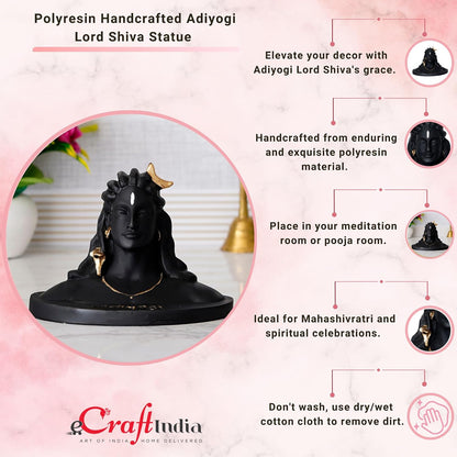 eCraftIndia Black Resin Adiyogi Shiva Statue for Car Dashboard| Adiyogi Statue for Home Decor Pooja Room Office| Mahadev Murti Lord Shiva Idol Gift for Diwali Maha Shivratri Housewarming Birthday