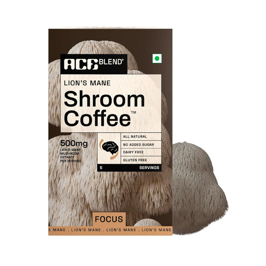 Ace Blend Lions Mane Shroom Coffee (5 Serves) | 500mg Lion's Mane Extract | KSM-66 Ashwagandha | L-Theanine & MCT Powder | Focus | Memory | Cognitive Support | Instant Coffee | Medium Roast Blend