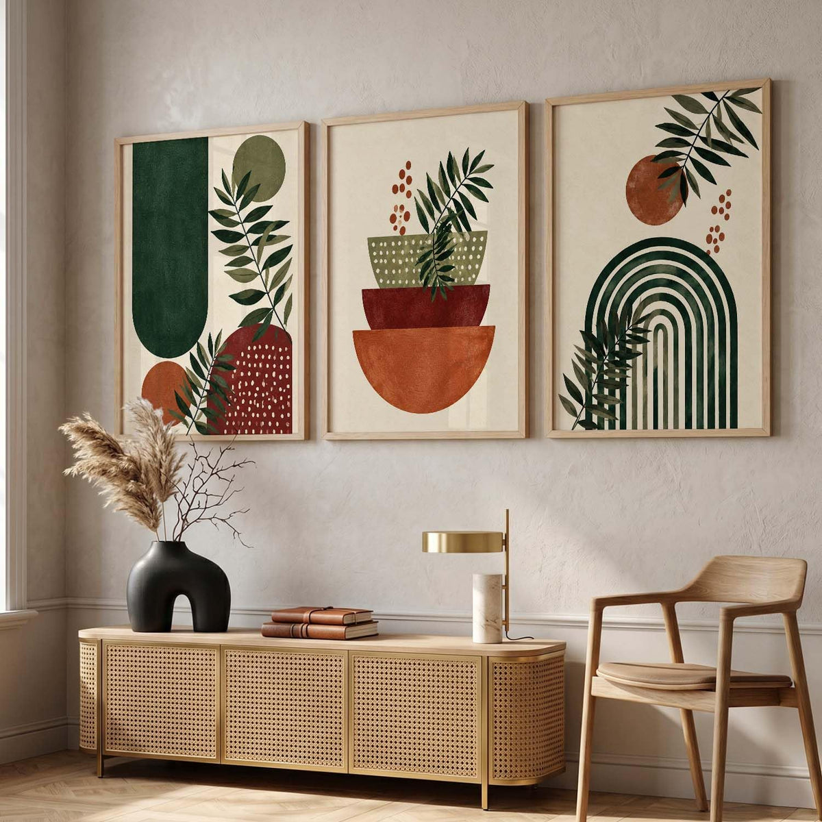 Aesthetic BOHO Wall Artwork | BOHO Paintings with Frame for Home Bedroom Living Room Hotel Interior Decor | Digital Reprint Set of 3 Modern | 13X17 Inch