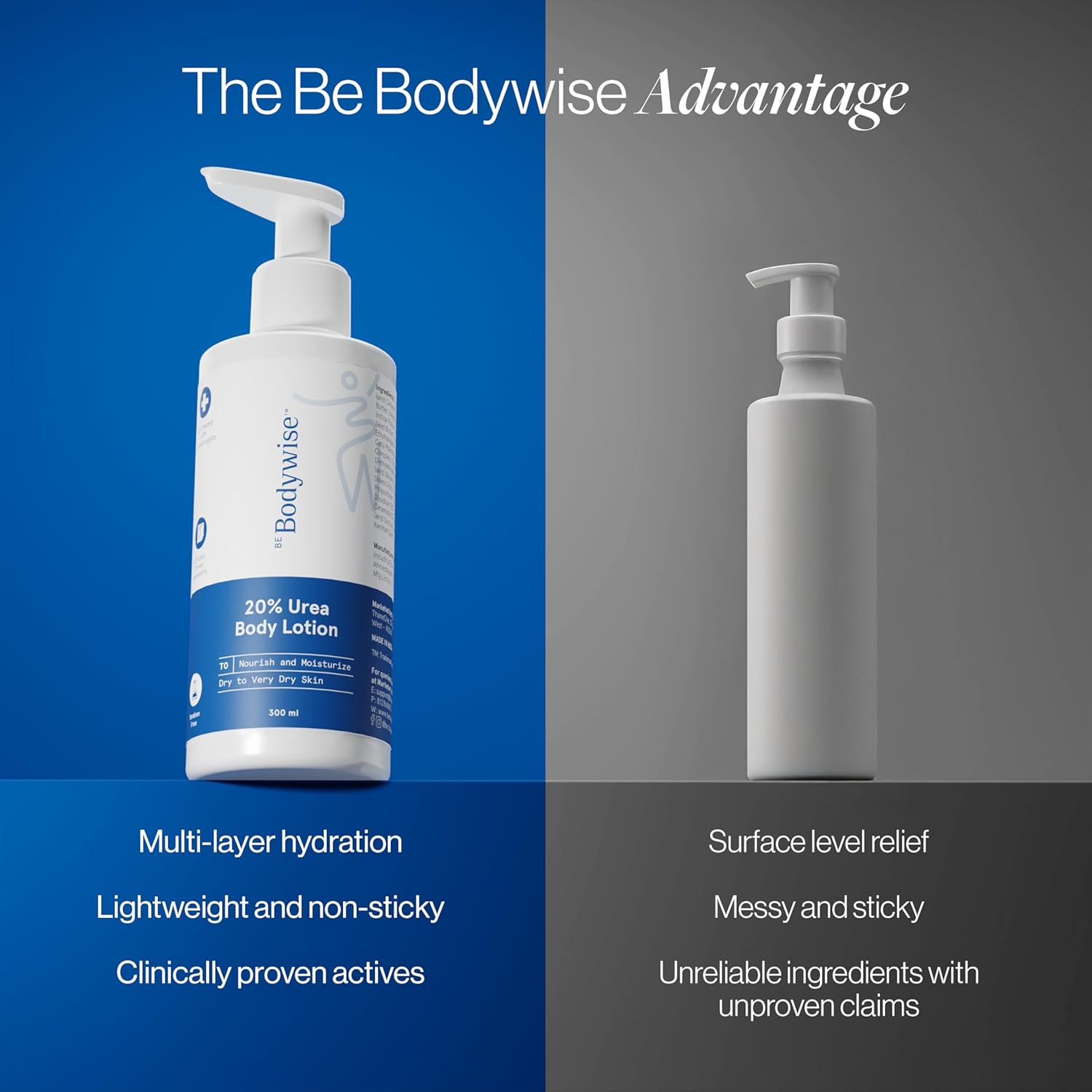 Be Bodywise lotion bottle with comparison text on a blue and gray background