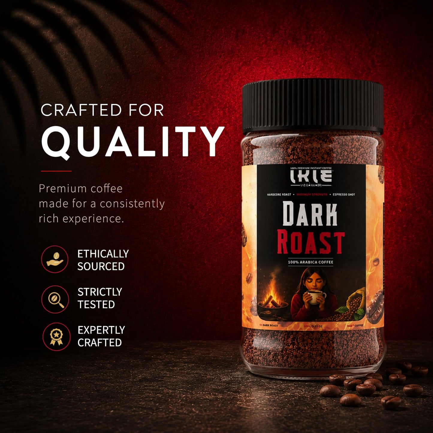 IKIE Dark Roast Instant Coffee Powder 100g | 100% Arabica | No Chicory | Intense Bold Flavour | Strong Black Coffee