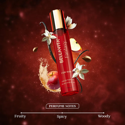 Belavita Fantasy perfume bottle with floral and fruit elements on a red background