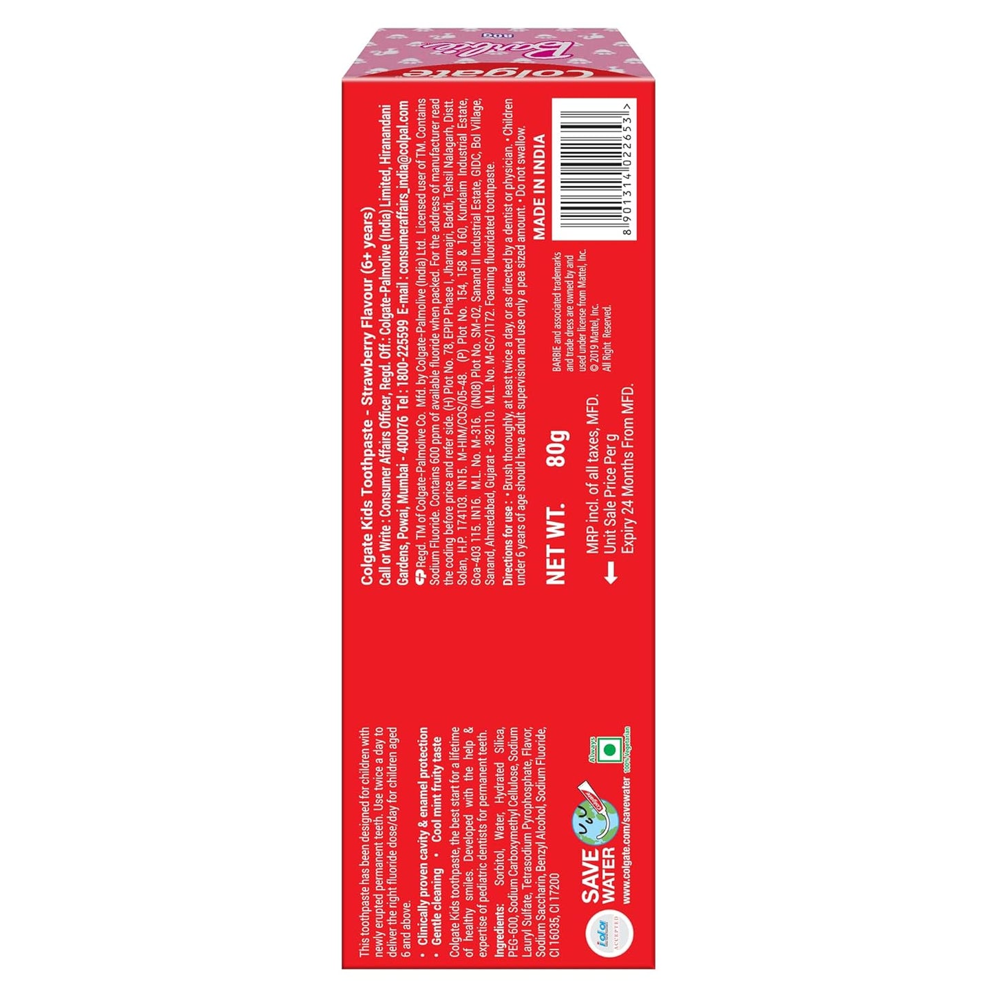 Colgate Kids Toothpaste For 6+ Years, Barbie, Strawberry Flavour, Gentle Protection Tooth Paste With 50% Lesser Abrasive Formula For Protecting Against Cavities, Enamel Protection- 80G (Pack of 2)