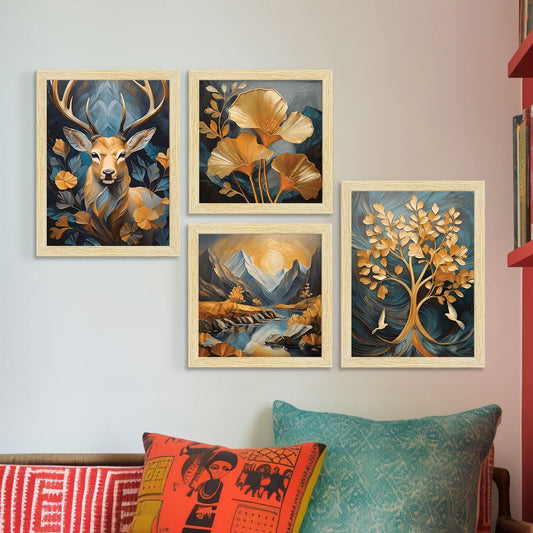 Golden Deer Sunrise Scenery Flower Tree Art Paintings with Frame for Home Decor, Wall Painting for Living Room, Multicolor, Natural Wood Color Frames, Set of 4