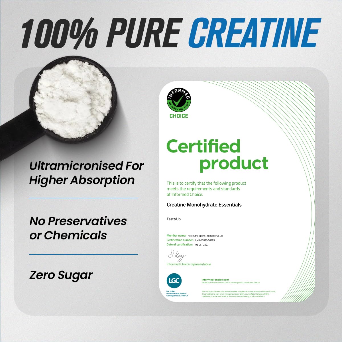 Fast&Up Creatine Monohydrate Powder | 100% Pure Micronized Creatine Supplement for Muscle Growth, Strength & Recovery | Unflavoured Creatine Powder, 250g (83 Servings)