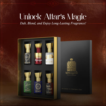 Adilqadri Assorted Luxury Attar Combo Perfume Gift Set for Men & Women (Pack of 6) – Non-Alcoholic Roll-On attar Collection | Long-Lasting Fragrance Set | Gift Hamper for Him & Her | Ideal for Special Occasions | 5.5ml Each