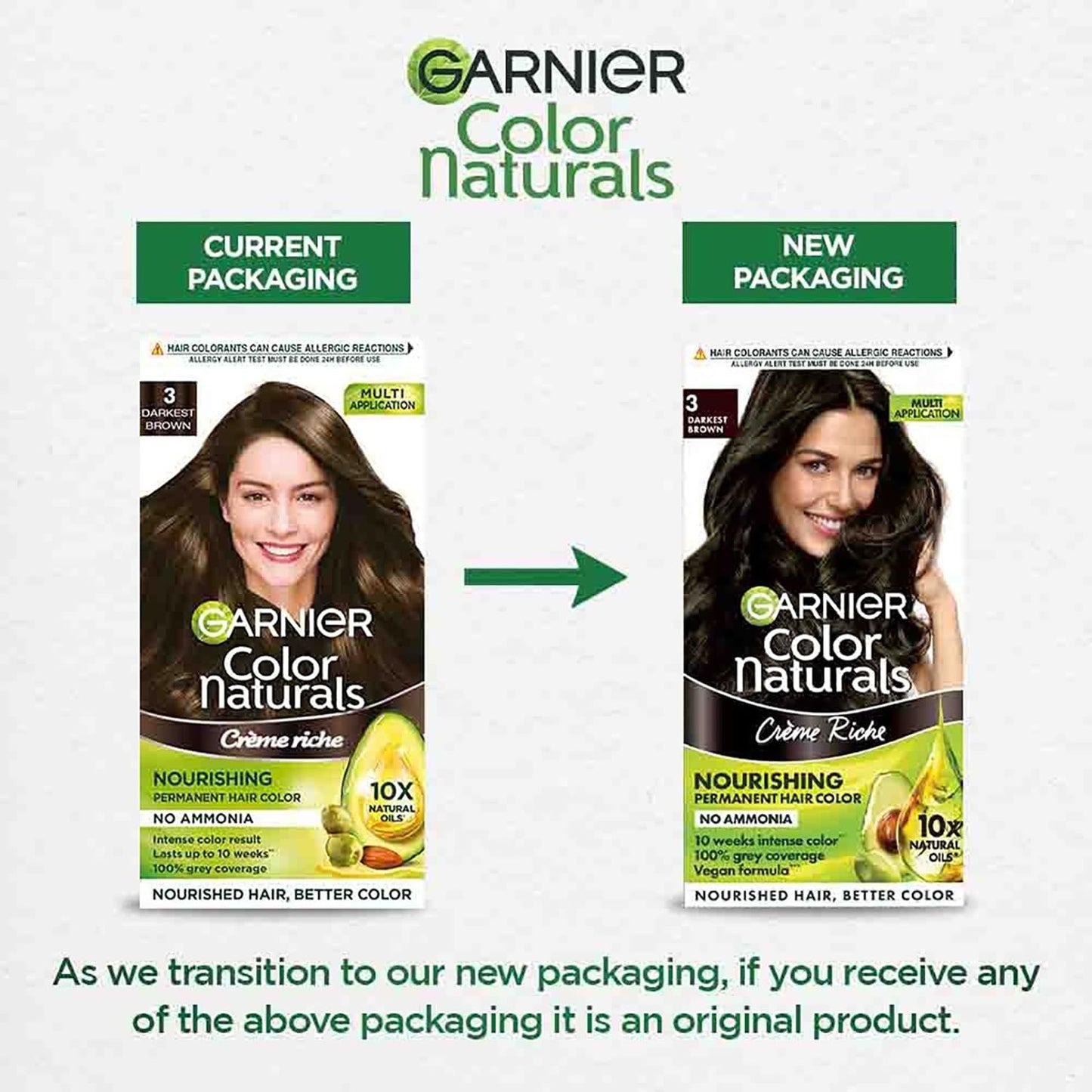 Comparison of Garnier Color Naturals hair color packaging with current and new designs.