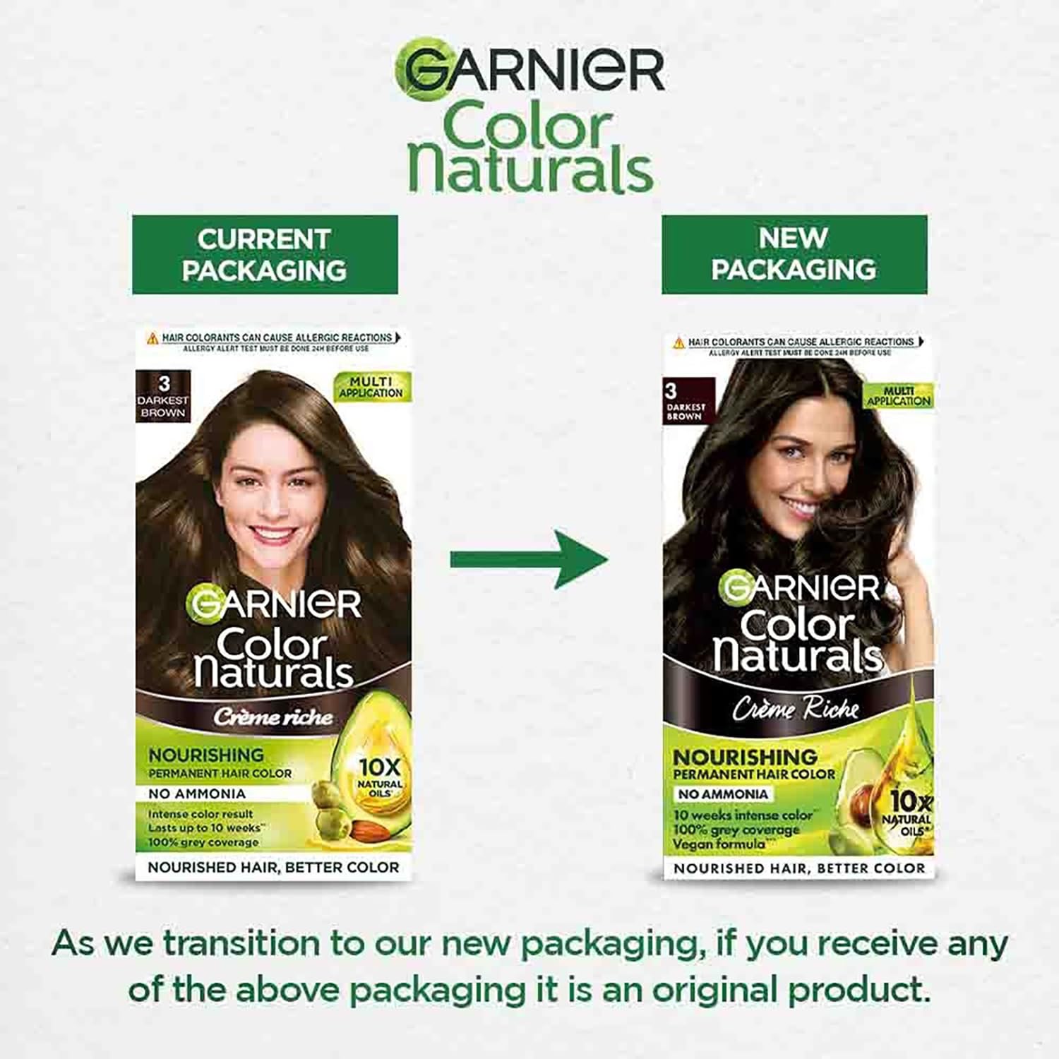 Comparison of Garnier Color Naturals hair color packaging with current and new designs.