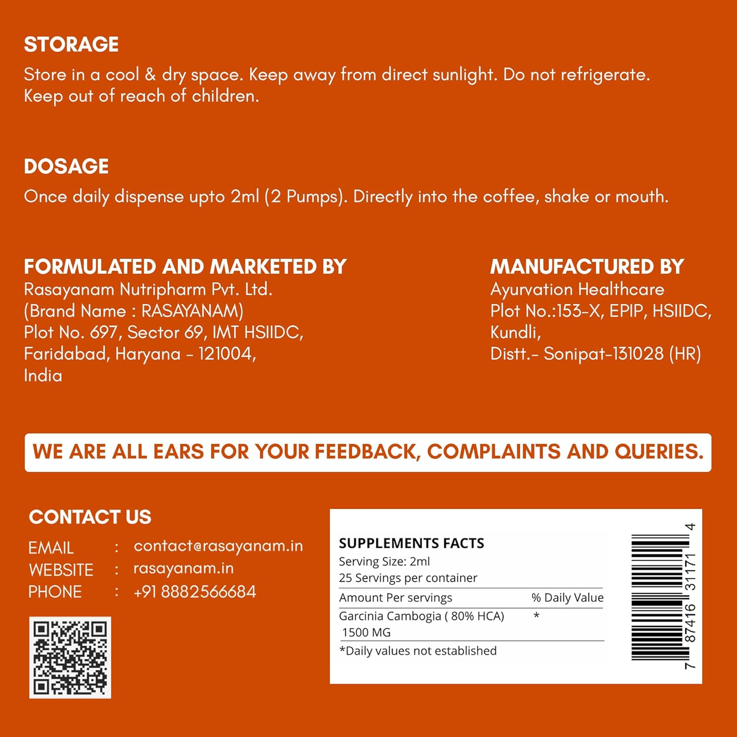 Product label with storage, dosage, and contact information on an orange background