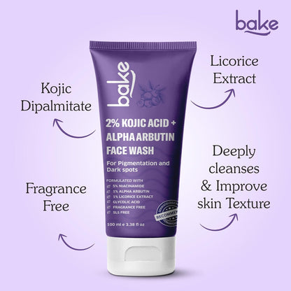 BAKE 2% Kojic Acid Brightening Face Wash Dual Action Formula with Alpha Arbutin & Niacinamide | De-Tan Wash | For Pigmentation, Dark Spots & Tan Removal | Anti Pigmentation Daily Wash - 100ml