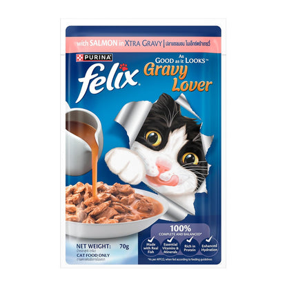 Purina Felix Salmon Gravy Lover, Wet Food for Adult Cats, 70g Pouch | With Salmon in Gravy, Tasty Meaty Chunks, 100% Complete & Balanced Nutrition, Vitamins D & E, Omega 6, Essential Minerals