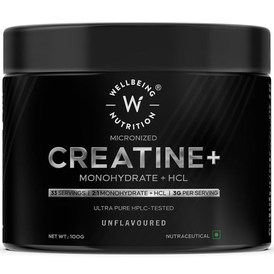 A black container of Wellbeing Nutrition micronized creatine monohydrate + HCL, unflavored, with 33 servings, net weight 100g.
