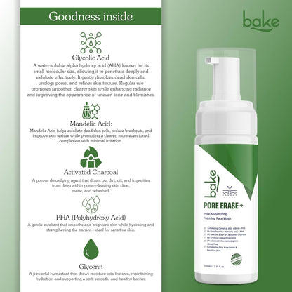 BAKE Pore Erase Foaming Face Wash with 2% Glycolic Acid, 1% Salicylic Acid & Mandelic Acid | Unclogs Pores, Reduces Blackheads & Whiteheads, Controls Sebum | For Oily, Acne Prone & Combination Skin – 100ml