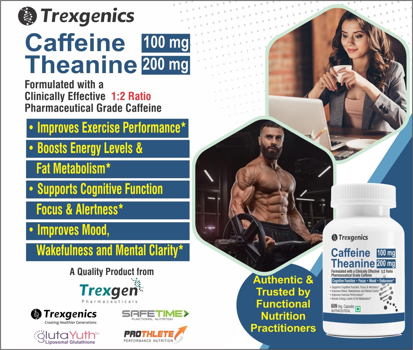 Trexgenics L-THEANINE 200 mg, CAFFEINE 100 mg Cognitive Function, Refresh, Focus, Mood, Endurance Support (Theanine 200mg + Caffeine 100mg (60 Veg Caps))