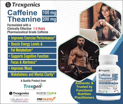Trexgenics L-THEANINE 200 mg, CAFFEINE 100 mg Cognitive Function, Refresh, Focus, Mood, Endurance Support (Theanine 200mg + Caffeine 100mg (60 Veg Caps))