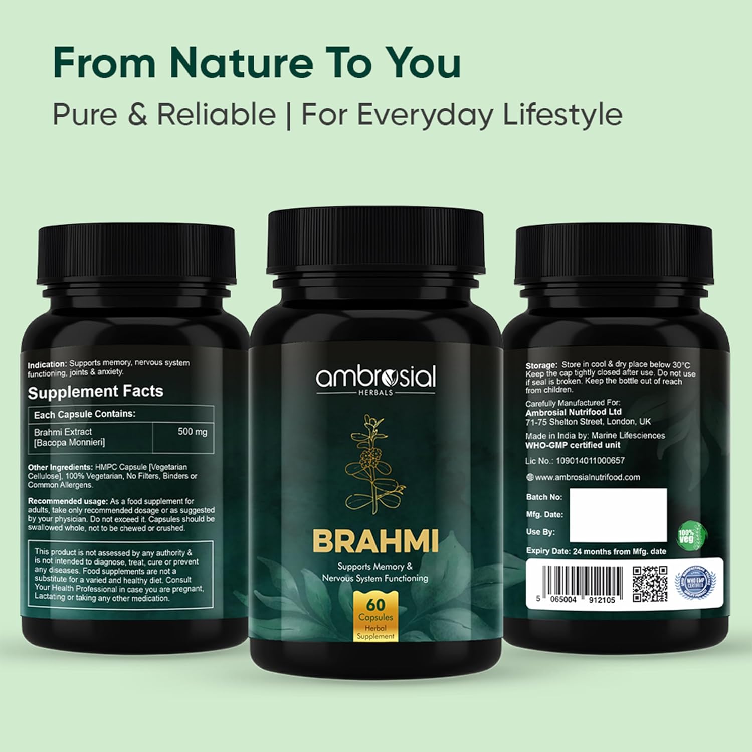 Three bottles of ambrosial Brahmi supplement on a light green background with text 'From Nature To You'.