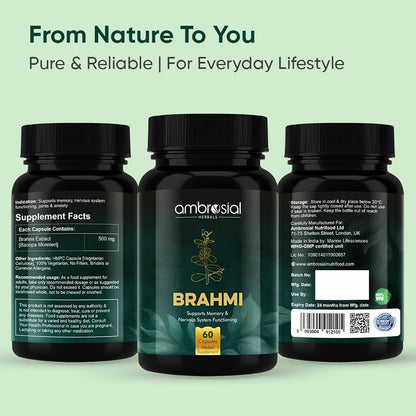 Three bottles of ambrosial Brahmi supplement on a light green background with text 'From Nature To You'.