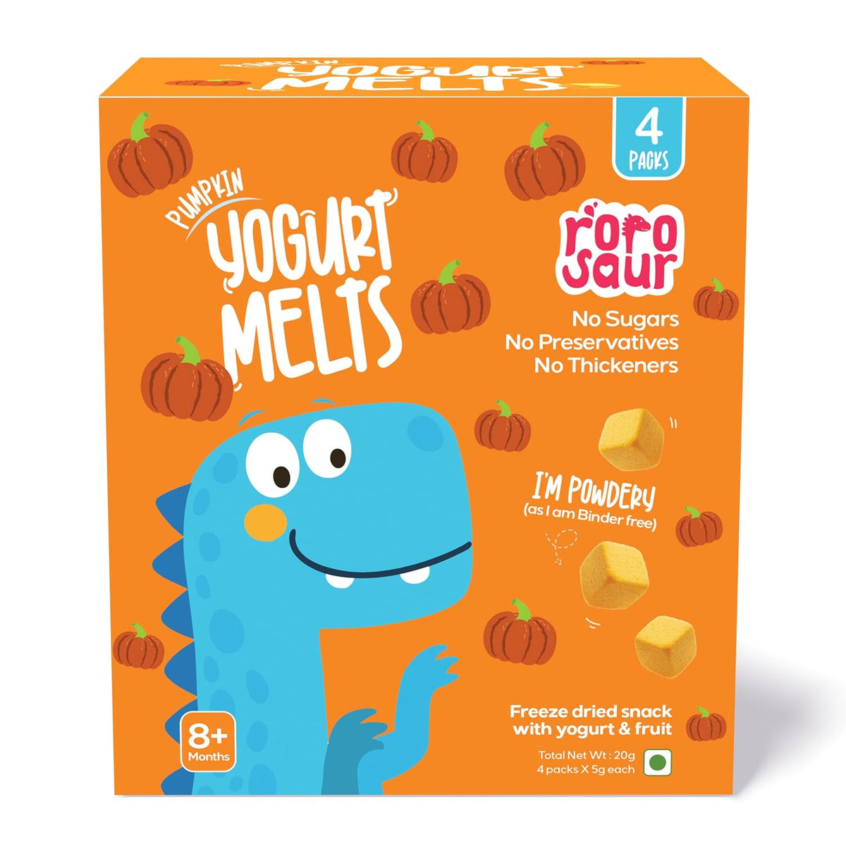 Rorosaur Baby Snacks - Melts with Yogurt and Fruit & Veggie for 8+ Months | 4 Packs of Pumpkin Melts | Finger Food for Toddlers | No Sugars, No Preservatives, No Binders | 4 Variants 5g each