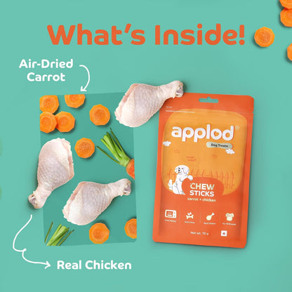 Applod Soft Carrot & Chicken Chew Sticks for Puppies & Adult Dogs | Natural Vegetable-Based Soft & Chewy Treats | Supports Healthy Chewing for All Breeds | 70g