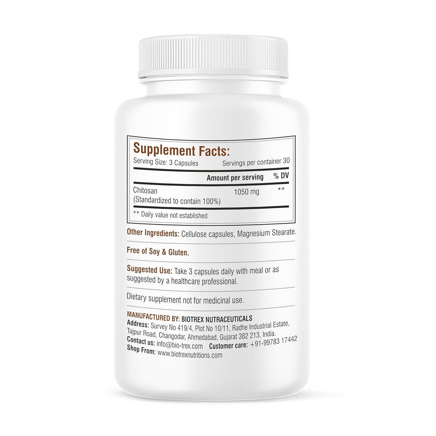 Biotrex Nutraceuticals Chitosan 1050mg, Healthy Weight Management, A Natural Source of Marine Fiber - 90 Capsules