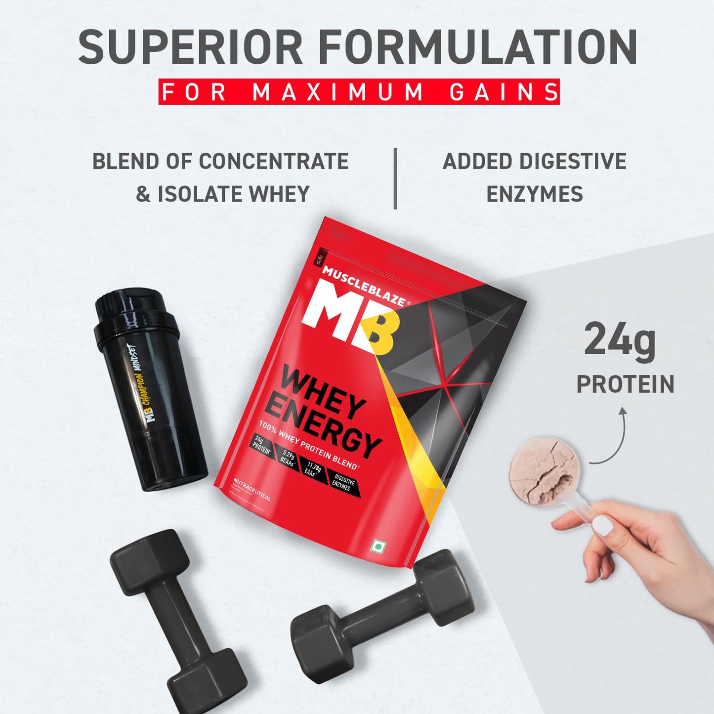 MuscleBlaze Whey Energy (Chocolate, 1kg / 2.2lbs) | 24g Protein, 100% Whey Protein Blend, Added Digestive Enzymes