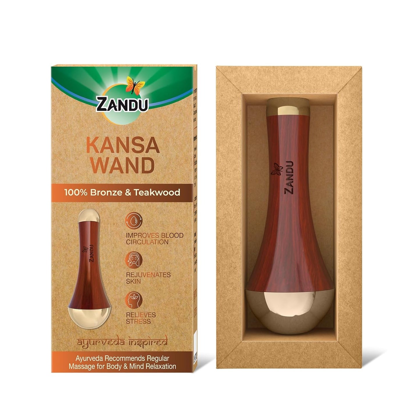 Zandu Ayurvedic Dual Sided Kansa Wand Massager | 100% Bronze & Teakwood handle– Portable Face, Neck, Body & Foot Massager | Promotes Relaxation & Improves Blood Circulation | Face Yoga Wellness Tool