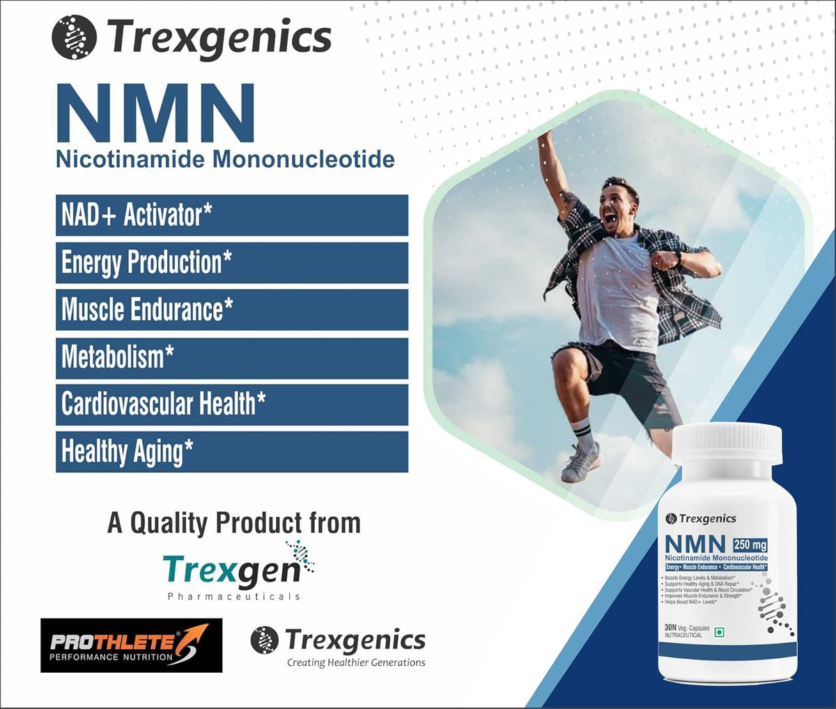 Advertisement for Trexgenics NMN supplement with a person exercising outdoors.