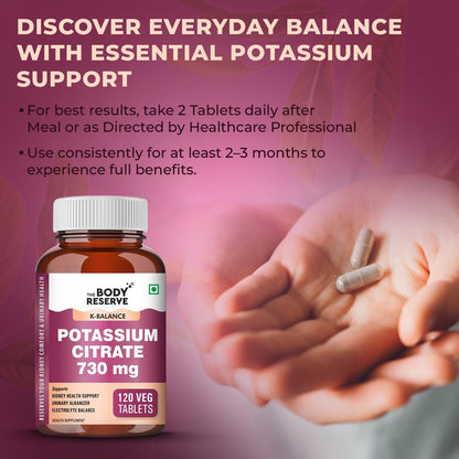 Body Reserve Potassium Citrate supplement bottle with hands holding pills on a pink background