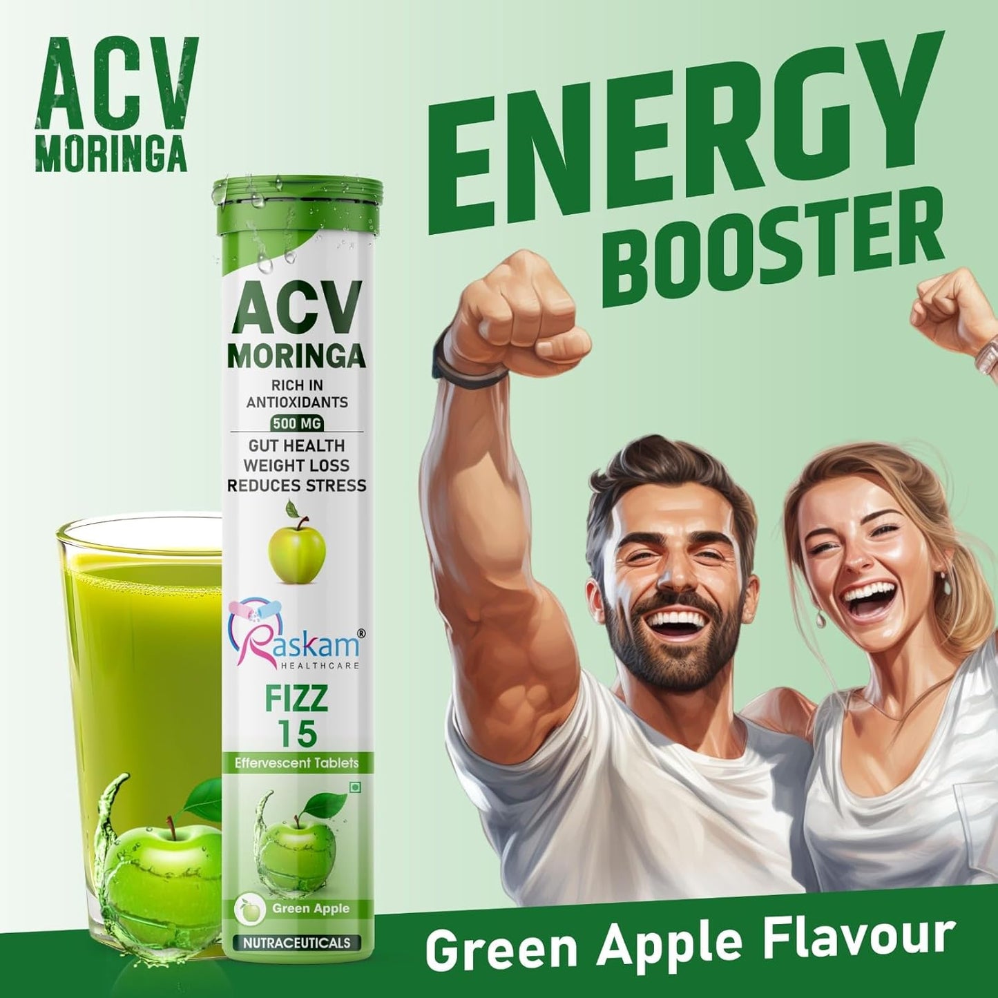 ACV Moringa Effervescent Tablets | Fizz 15 Tablets in Green Apple Flavor, 500mg| Natural Energy & Immunity Booster with Antioxidants to Control Cravings (Pack of 1)