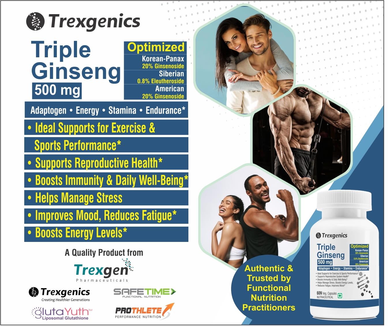 Trexgenics Triple Ginseng supplement packaging with images of a couple and a muscular man, featuring product details and branding.