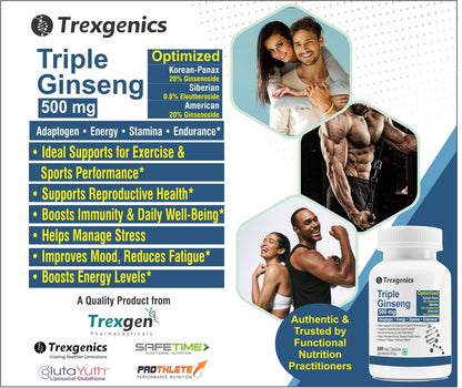 Trexgenics Triple Ginseng supplement packaging with images of a couple and a muscular man, featuring product details and branding.