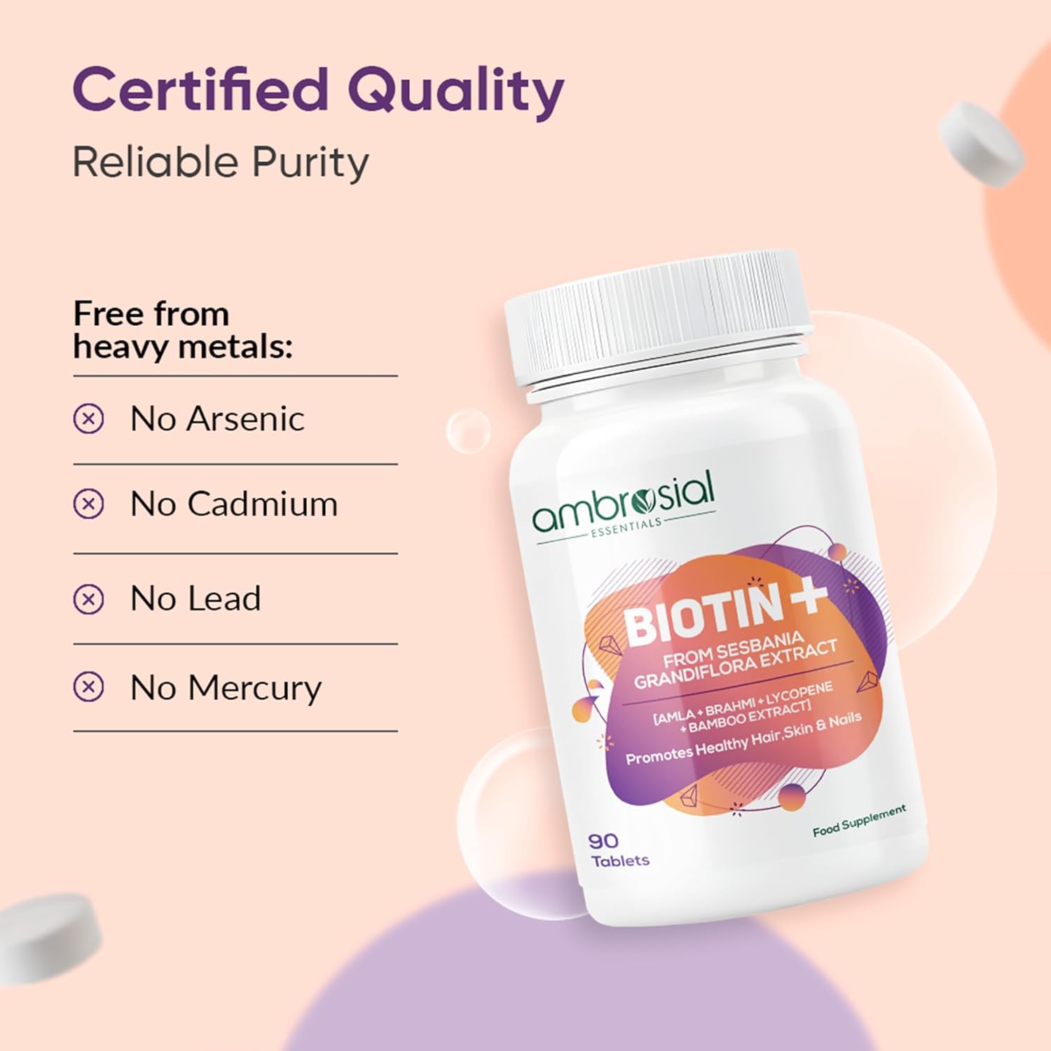 Ambrosial Biotin+ supplement bottle with certified quality and purity information on a pink background