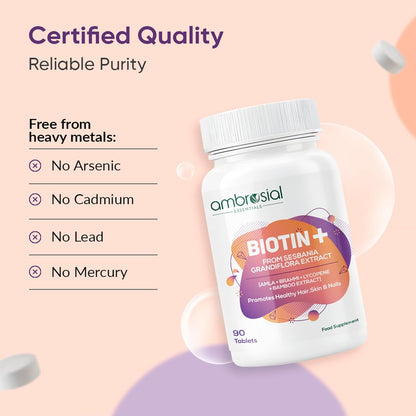 Ambrosial Biotin+ supplement bottle with certified quality and purity information on a pink background
