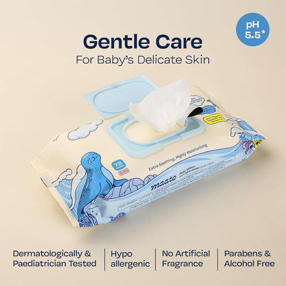Maate Baby Wipes (Pack of 1, 72 Wipes) | Soothing & Hypoallergenic | Infused With Plant Squalane, Tamanu Oil & Aloe Vera | Moisturizing & Hydrating | Wipe for Baby's | Paraben & Sulphate Free