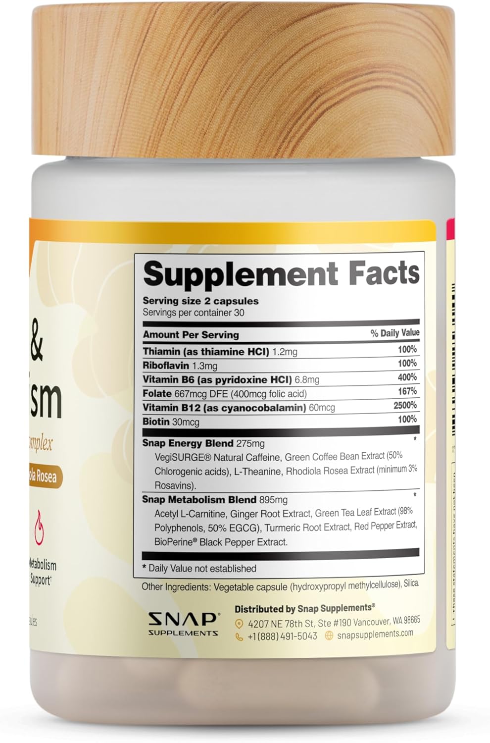 Supplement container with wooden lid and label displaying 'Supplement Facts' on a white background