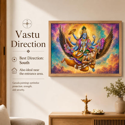 Lord Vishnu Garuda Vastu Devotional Wall Painting for Living Room Bedroom Hall Office Decor, Hindu Spiritual Artwork, Premium Wooden Synthetic Frame (13.5 x 19.5 Inch) NM01-V-165